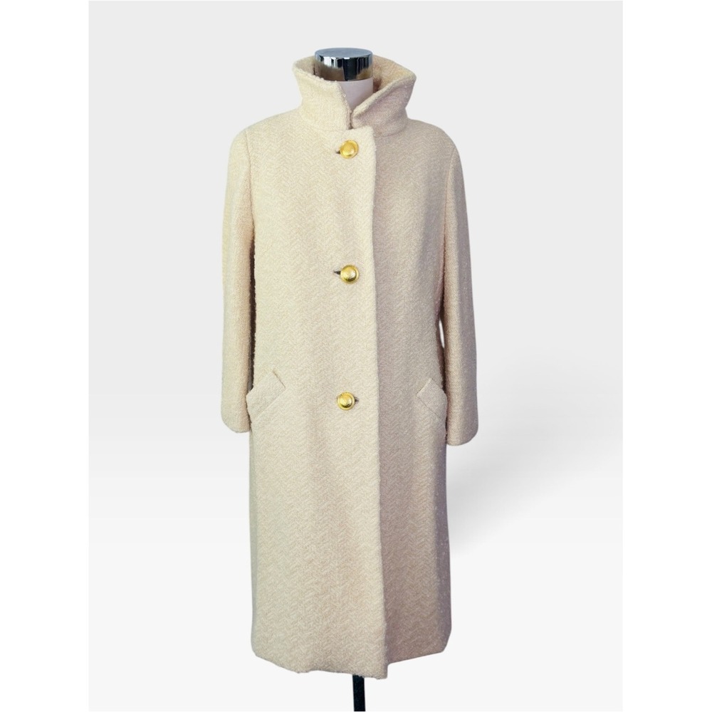 Vintage 1960s Bullock's Wilshire Cream Bouclé Long Coat Gold Buttons